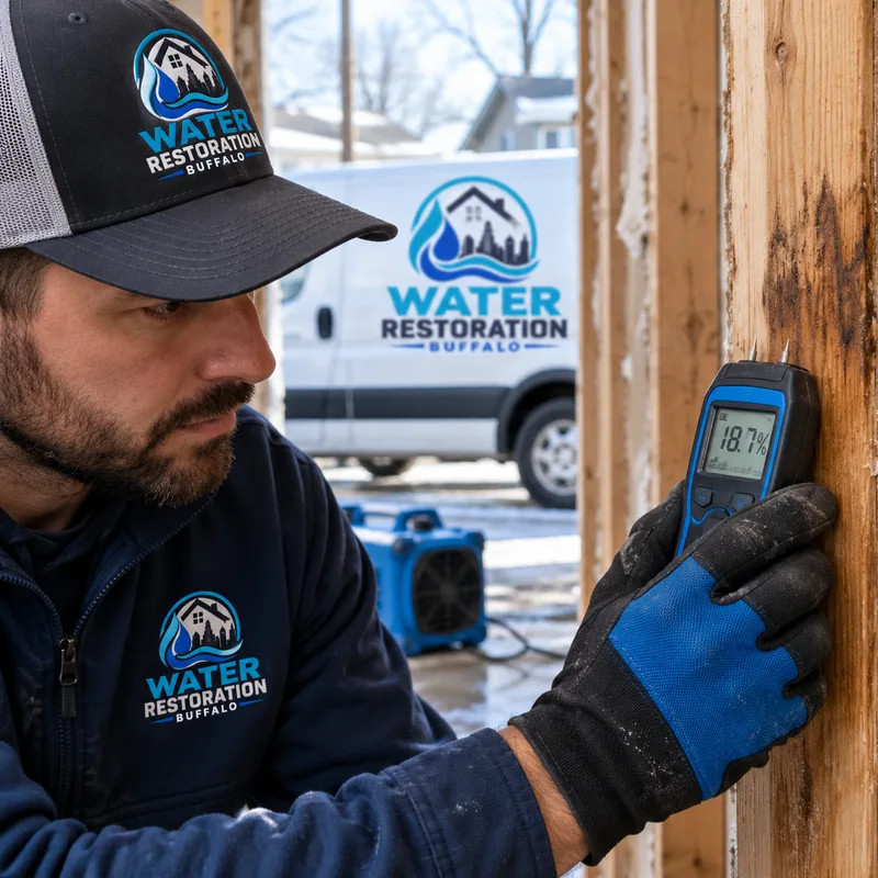Moisture meter taking a reading on wood framing after affected wallboard has been removed