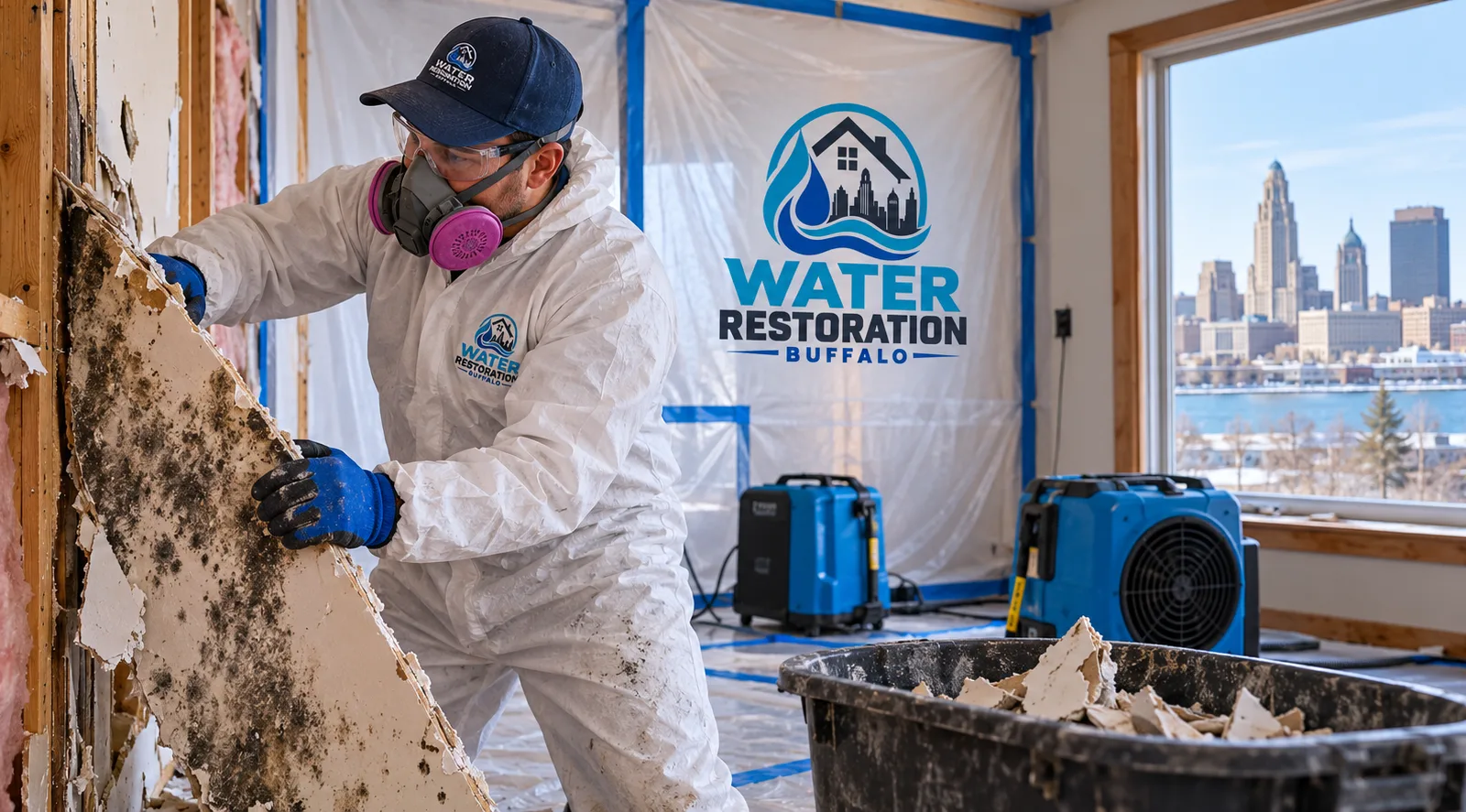 Contractor wearing protective equipment removing mold-affected drywall inside a contained Buffalo residential work area