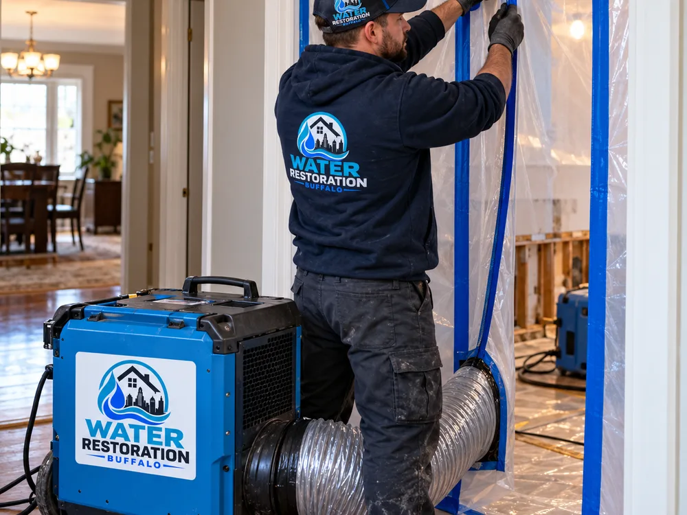 Plastic doorway containment and a HEPA-filtered negative air machine ducted from a mold remediation work area