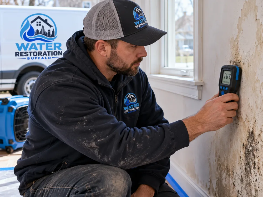 Contractor using a moisture meter near visible water staining while inspecting the source of mold growth