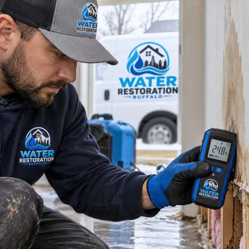 Moisture meter being used along the edge of drywall where water reached the wall cavity