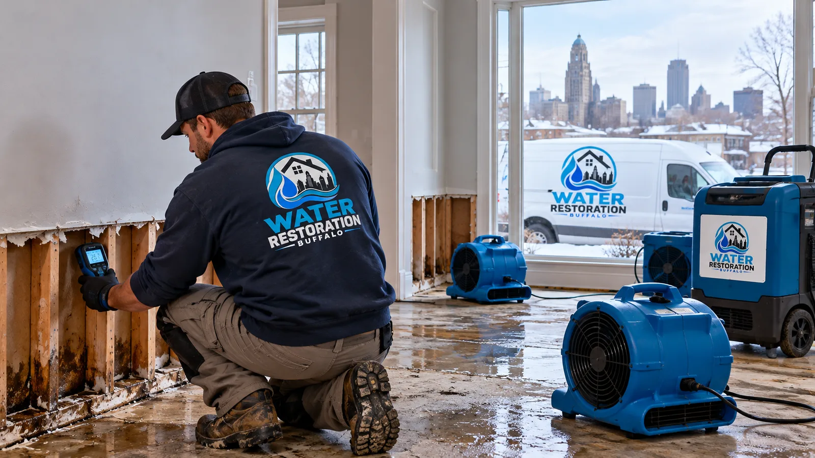 Contractor using a commercial moisture meter and air movers while drying a water-damaged residential room in Buffalo