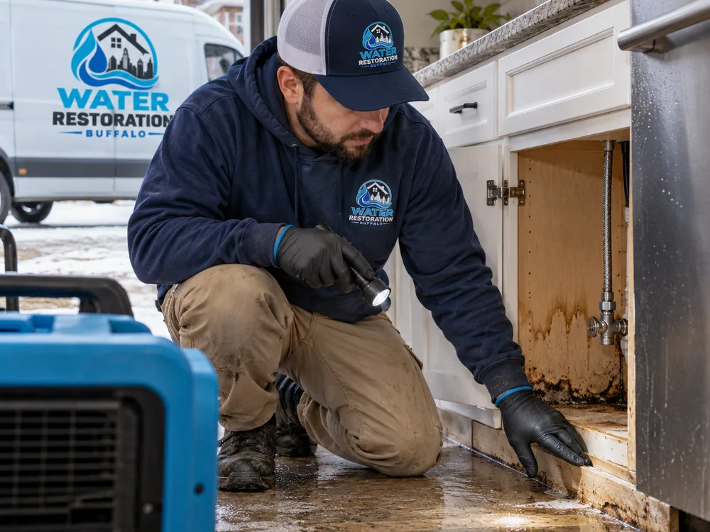 Contractor inspecting flooring and lower cabinets after an appliance supply-line leak in a Buffalo home