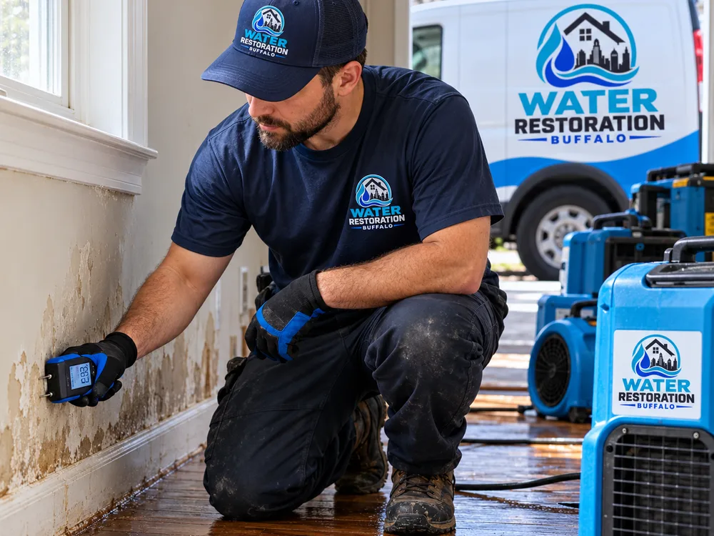 Contractor checking a damp lower wall and hardwood floor with a pin moisture meter while drying equipment operates nearby