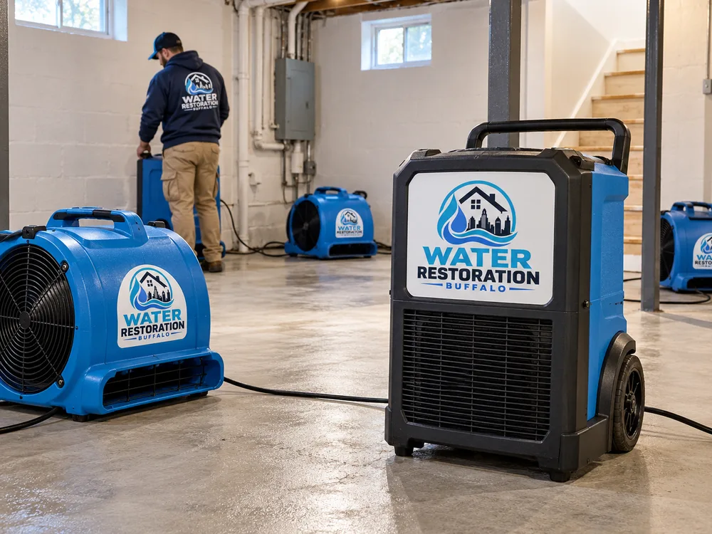 Clean residential basement after water extraction with commercial air movers and dehumidifier arranged for controlled drying