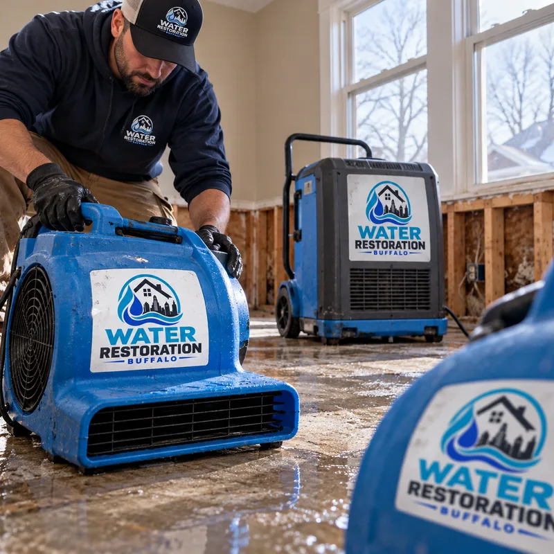 Air movers and a dehumidifier drying a water-affected room after materials were exposed