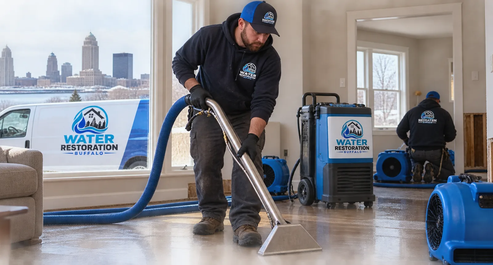Water extraction and drying equipment operating inside a Buffalo-area home after a leak
