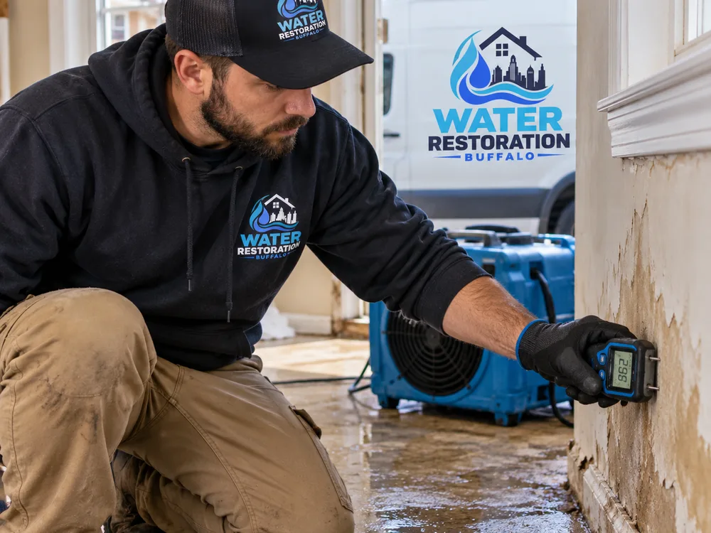 Contractor checking a damp wall and floor with a moisture meter after residential water damage