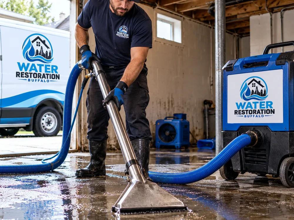 Standing water being extracted from a residential basement with water-removal equipment