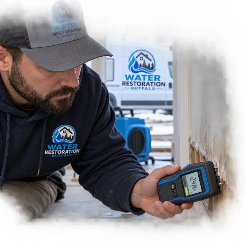 Moisture meter taking a reading along the lower edge of residential drywall after baseboard removal
