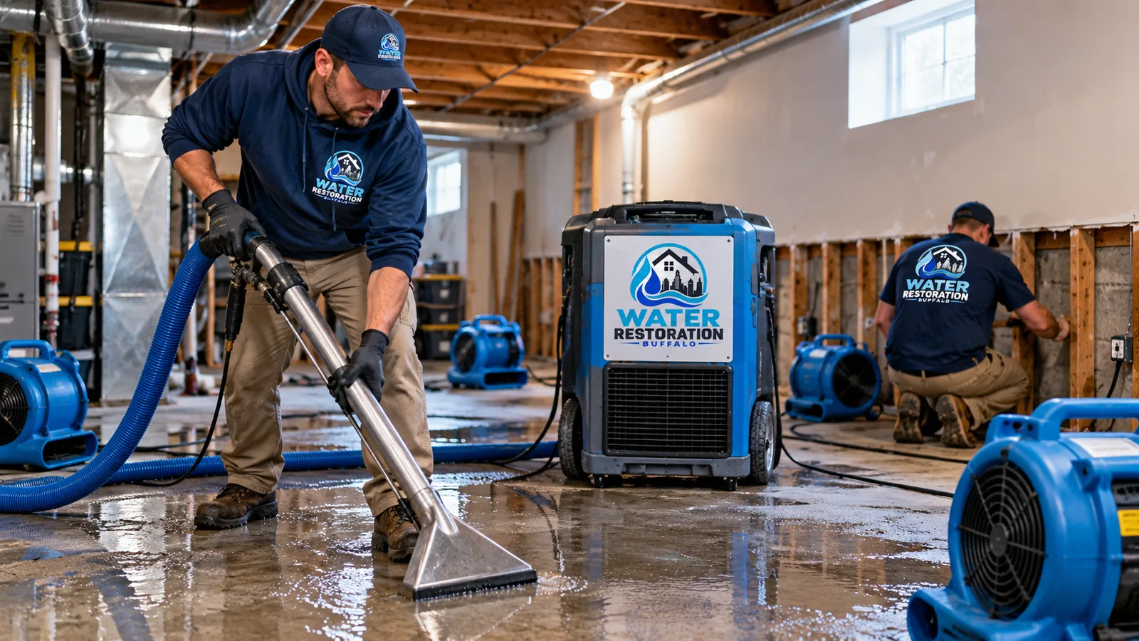 Residential basement undergoing water extraction and structural drying with extraction equipment, air movers, and a dehumidifier