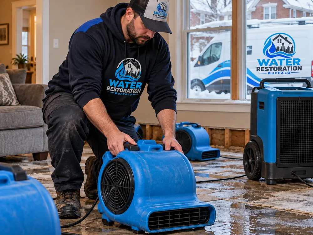 Air movers and a commercial dehumidifier positioned in a residential room with damp flooring