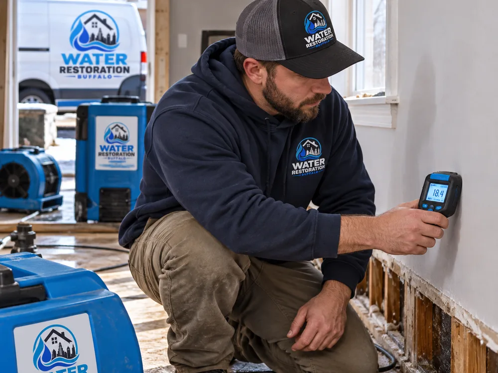 Contractor using a pinless moisture meter near a removed baseboard while drying equipment operates
