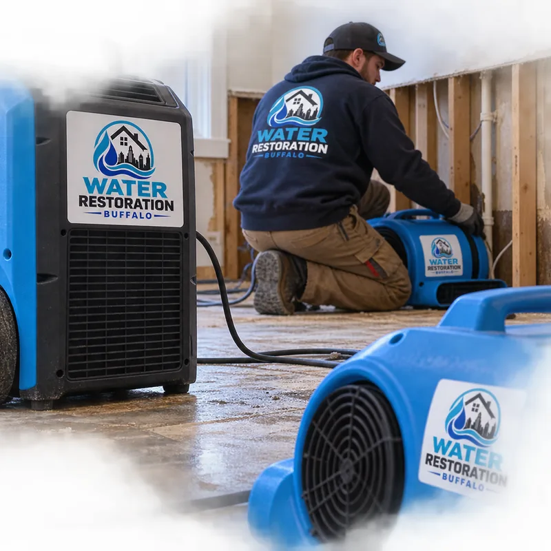Air movers and a dehumidifier arranged to dry an opened wall cavity and subfloor