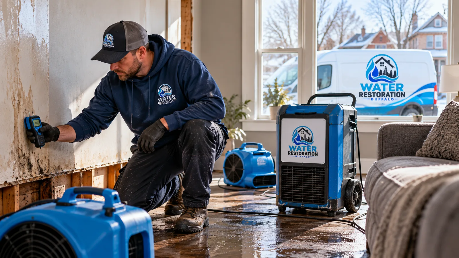 Contractor inspecting water damage in a Buffalo-area home with a moisture meter, air movers, and a dehumidifier visible