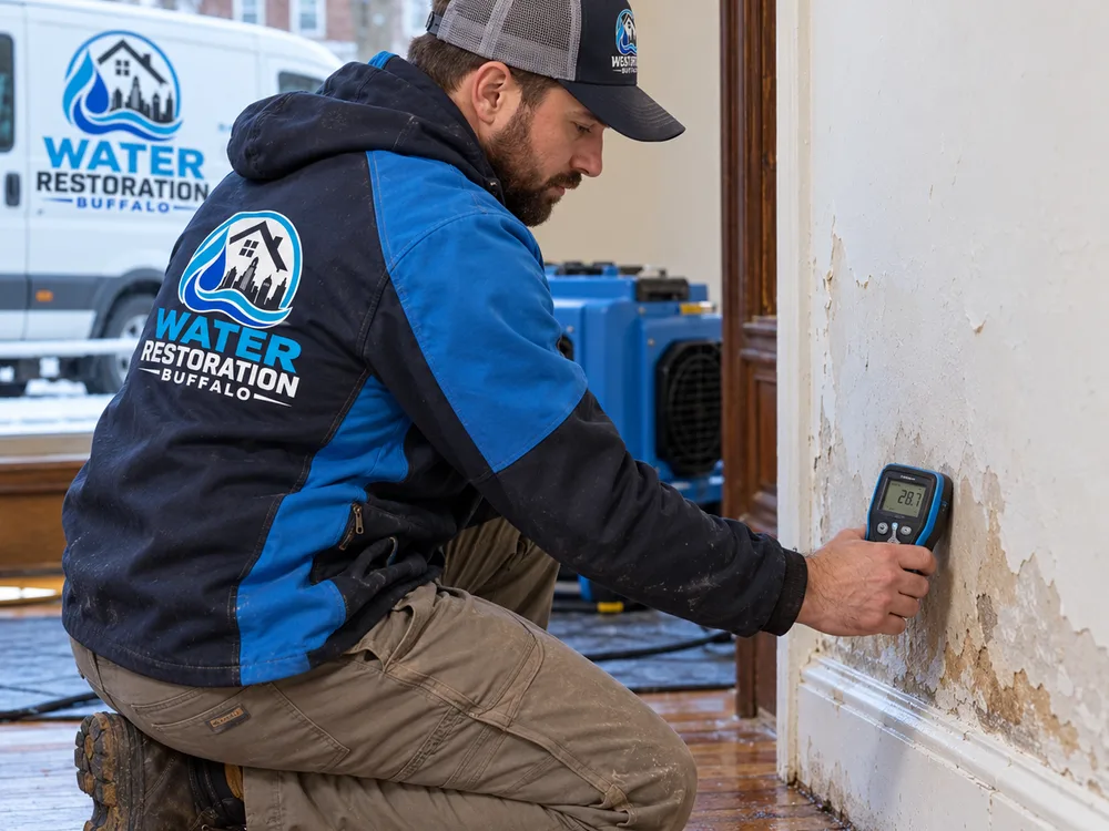 Contractor using a moisture meter along the lower portion of a plaster wall after a plumbing leak