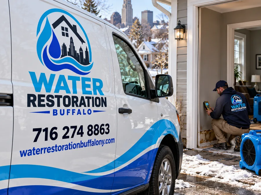 Independent contractor documenting moisture readings at the base of a wall in a Buffalo-area home